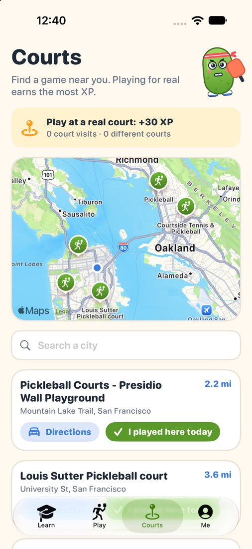 The PickleWise Courts tab showing pickleball courts on a map of the San Francisco Bay Area.