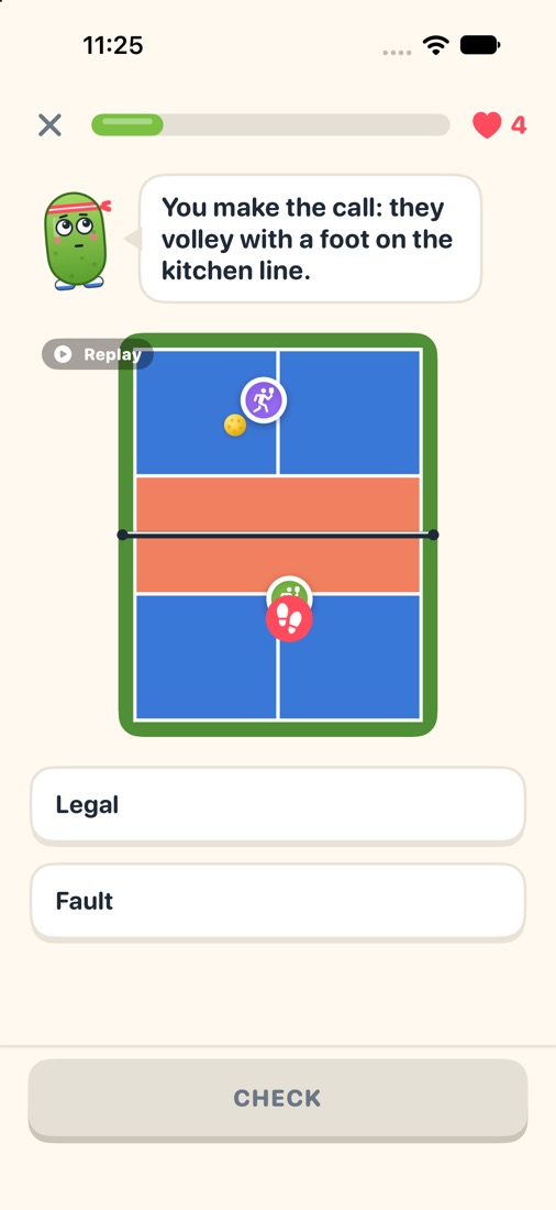 A PickleWise lesson asking: they volley with a foot on the kitchen line. Legal or fault?