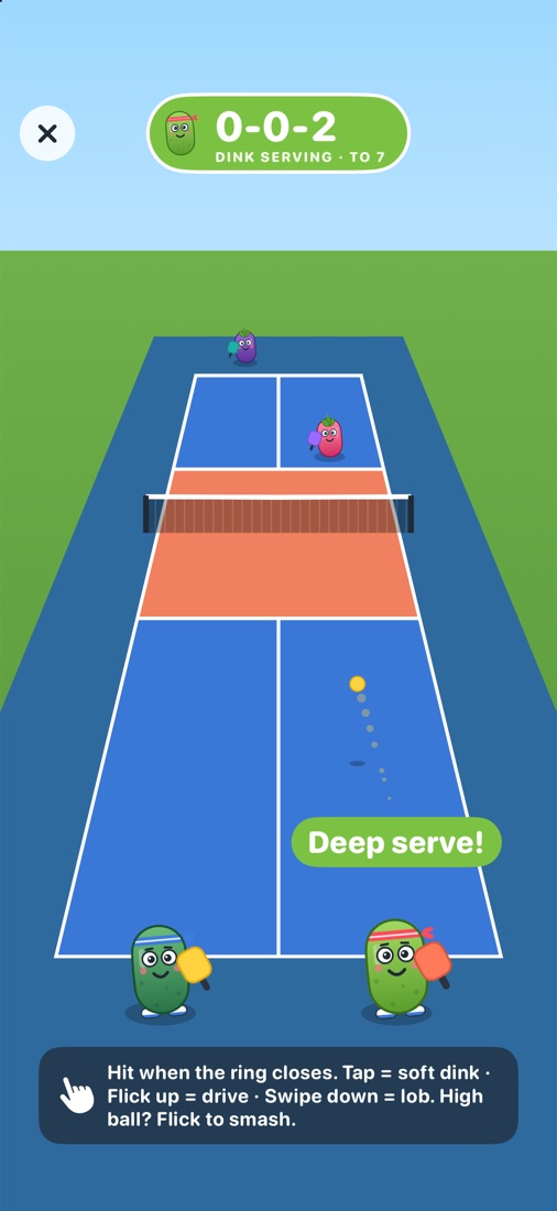 The Dink vs. Eggy rally game on a pickleball court, with the score 0-0-2.