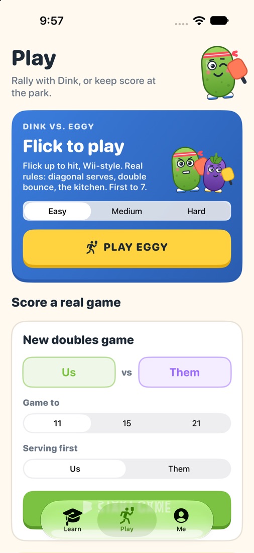 The PickleWise Play tab with the Dink vs. Eggy game and a new doubles game scorekeeper.