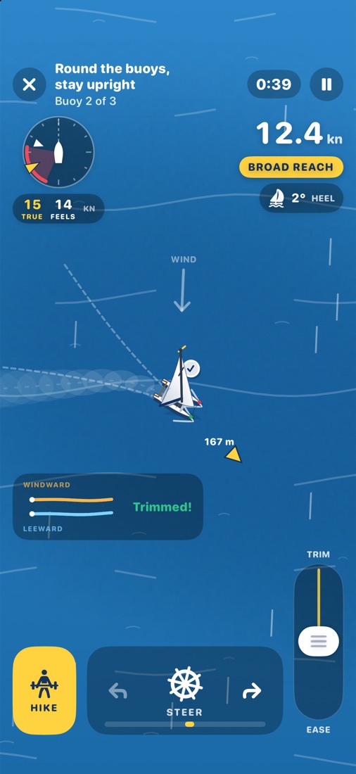 The catamaran mission: a beach cat on a broad reach at 12.4 knots with the Hike button.