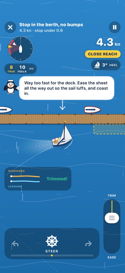 The docking mission: the boat approaches a pier with the berth outlined, and Pip warns it’s going too fast for the dock.