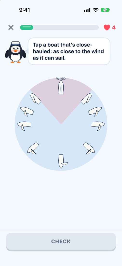 A SailWise lesson: Pip asks you to tap the close-hauled boat on a wheel of boats around the wind, with the no-go zone shaded.