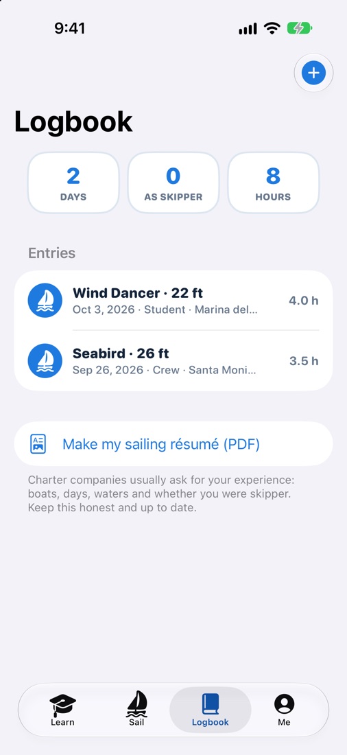 The SailWise Logbook: days, days as skipper and hours, two logged sails and a button to make a sailing résumé PDF.