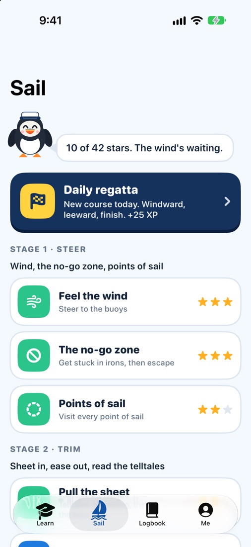 The SailWise Sail tab: a daily regatta card and Stage 1 Steer missions with stars earned.