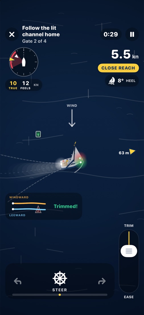 The night mission: a dark sea, the boat’s red and green running lights, and a green channel marker ahead.
